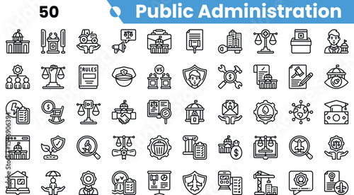 A diverse collection of icons representing public administration, featuring elements like scales of justice, documents, and government buildings.
