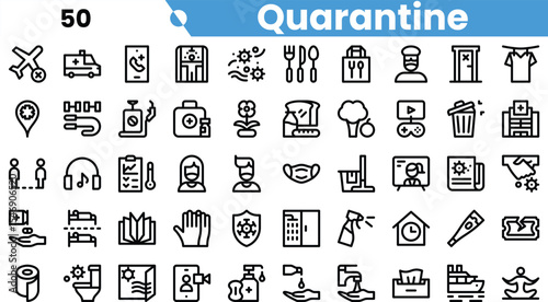 A collection of quarantine-related icons representing various themes like health, safety, and daily life adjustments.