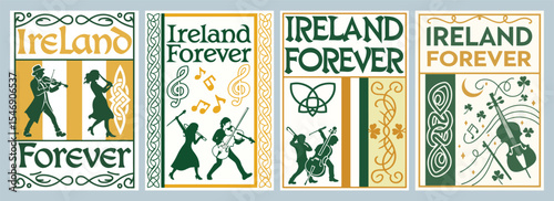 Celebrating Irish Heritage Through Artistic Illustrations in Green and Gold Featuring Musicians and Traditional Motifs in Impactful Poster Designs