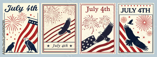 Vibrant July 4th Artistic Poster Celebrating American Spirit with Iconic Symbols Flag and Bald Eagles Against Dazzling Fireworks