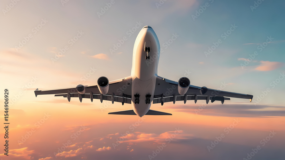 Fototapeta premium Airplane Taking Off at Sunset A Stunning Aerial View of Air Travel