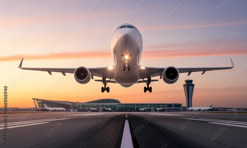 Naklejka premium Airplane Taking Off at Sunset Majestic Flight and Travel Photography