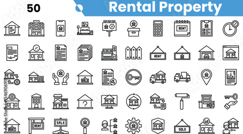 An array of rental property icons in black and white, featuring houses, documents, and rental signs, representing the real estate market.