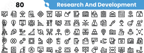 A collection of black and white icons representing research and development concepts, including science, technology, and innovation.