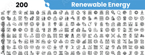 A diverse collection of renewable energy icons showcasing various sustainable technologies and practices in black and white.