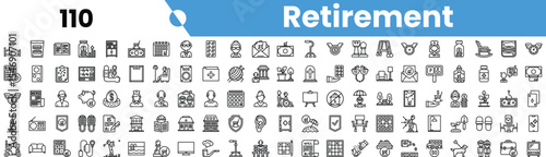 A diverse collection of retirement-themed icons, showcasing various aspects of retirement life, including leisure, finance, and hobbies.