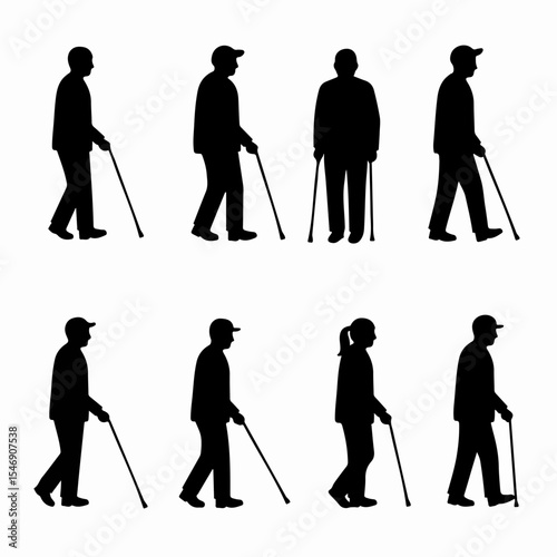 People using walking sticks in silhouette collection