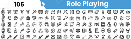 A vibrant collection of role-playing game icons featuring various elements like dice, potions, and trophies in a playful layout.