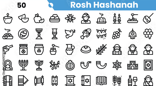 A collection of linear icons representing Rosh Hashanah, featuring symbols like apples, honey, shofars, and traditional ritual items.