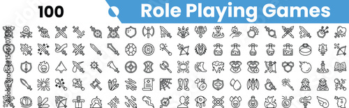Collection of role-playing game (RPG) icons, featuring various items, weapons, and characters in a minimalist style.