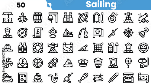 A collection of sailing-themed icons including ships, anchors, and navigational tools, ideal for maritime projects.