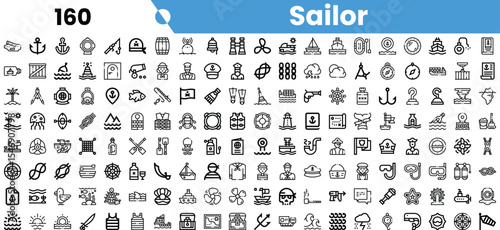 A collection of black and white sailor-themed icons, showcasing maritime elements and activities.