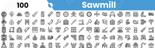 A comprehensive collection of line icons representing various sawmill tools and equipment.