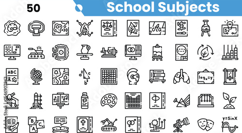 A collection of minimalist line icons representing various school subjects like science, math, art, and music, perfect for educational graphics.