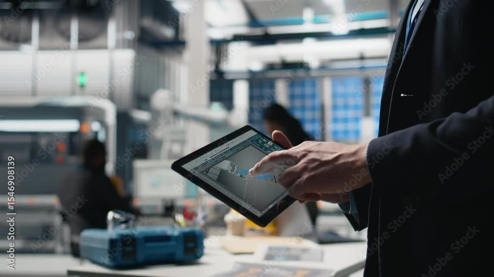 Quality control engineer in a solar power factory evaluating industrial operations, dressed in a suit to reflect corporate oversight and efficiency. Sustainable energy process. Camera B.