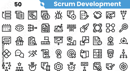 A collection of black and white icons representing Scrum development concepts, including project management, teamwork, and agile methodologies.