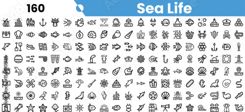 A diverse collection of black and white sea life icons illustrating marine themes and organisms.