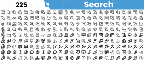 A diverse collection of search-related icons in various styles and categories, featuring symbols like magnifying glasses and data representations.