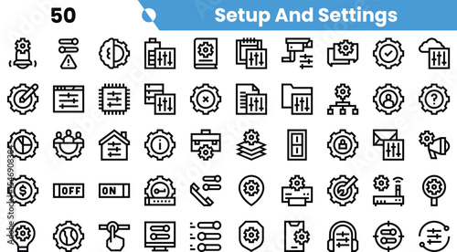 A collection of setup and settings icons featuring gear motifs, charts, notes, and various symbols, illustrating organizational and planning themes.