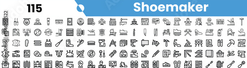 A diverse collection of detailed shoemaking icons including tools, materials, and products.