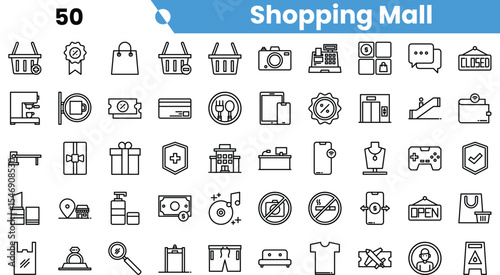 A collection of minimalist line icons representing various elements of a shopping mall, including bags, gifts, and amenities.