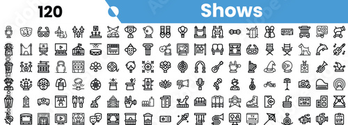 A diverse collection of icons representing various shows, including theater, film, and entertainment elements in a clean, minimalist design.