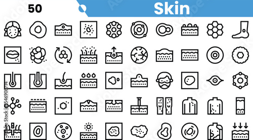 A collection of line icons representing various skin-related elements, including cells and dermatological features.