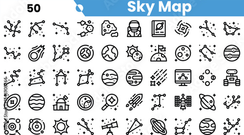A collection of minimalist icons representing various celestial elements and constellations, featuring planets, stars, and astronomical tools.