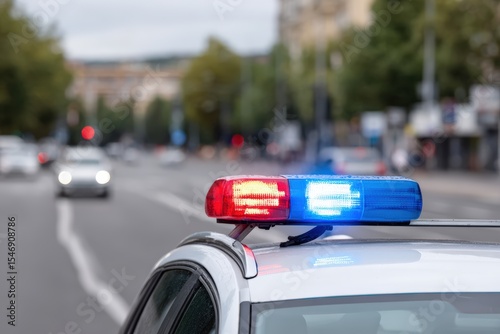 Close up of police car lights with urban street background for law enforcement themes photo