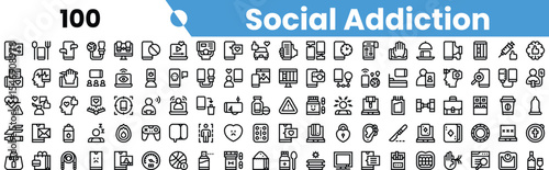 A collection of minimalist icons representing various aspects of social addiction, featuring diverse activities and emotions.