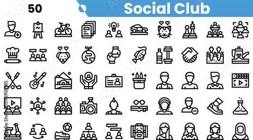 A diverse collection of social club icons depicting various activities and interests, including arts, sports, and community engagement.