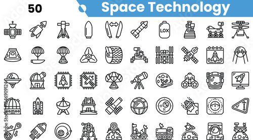 A collection of line icons depicting various space technology concepts, including rockets, satellites, and planetary exploration rovers.