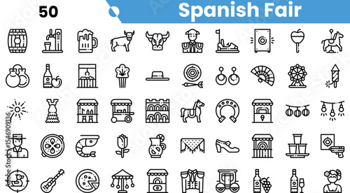 A vibrant collection of icons representing a Spanish Fair, featuring traditional elements like food, music, and culture.