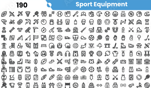 A diverse collection of sport equipment icons, showcasing various sports and their essential gear in a minimalistic black and white design.