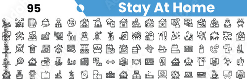 A diverse collection of black and white icons themed around staying at home, depicting various activities and settings.