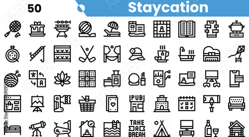 A diverse collection of staycation-themed icons, including leisure activities and home comforts.