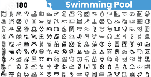 A collection of black and white icons related to swimming pools, featuring various activities, equipment, and safety symbols.