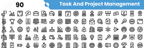 A collection of task and project management icons in a minimalist design, featuring symbols like charts, checklists, and gears.