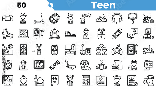An array of black and white icons depicting teenage lifestyle essentials and interests, such as sports, technology, and entertainment.