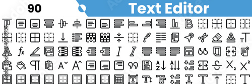 A collection of various text editor icons designed in a minimalist style, featuring tools for text formatting and document editing.