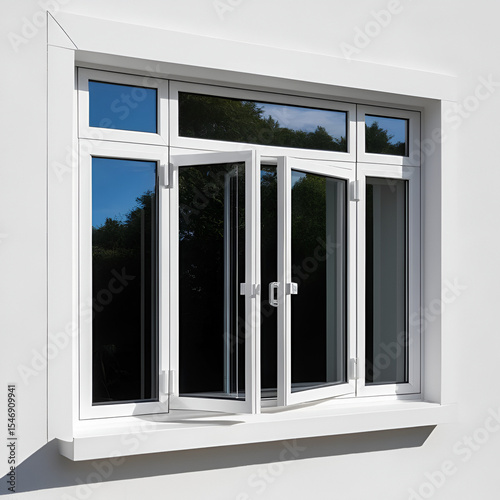 Three panel aluminium casement window stay on white wall.