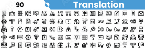 A collection of black and white icons representing translation and language services.