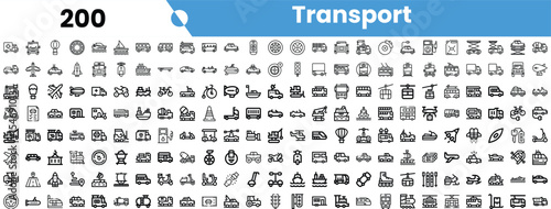 A diverse collection of transportation icons in a clean, monochromatic style, showcasing vehicles, infrastructure, and travel modes.