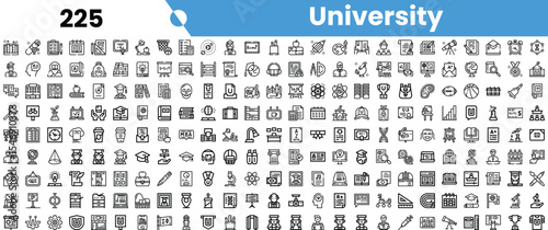 A diverse collection of university-related icons in black and white, showcasing educational themes and activities.