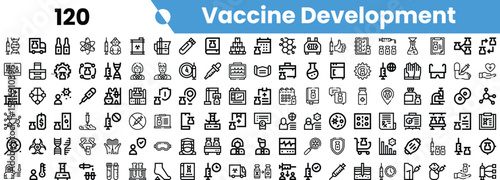 A diverse collection of icons representing aspects of vaccine development, showcasing scientific tools, laboratory equipment, and research concepts.