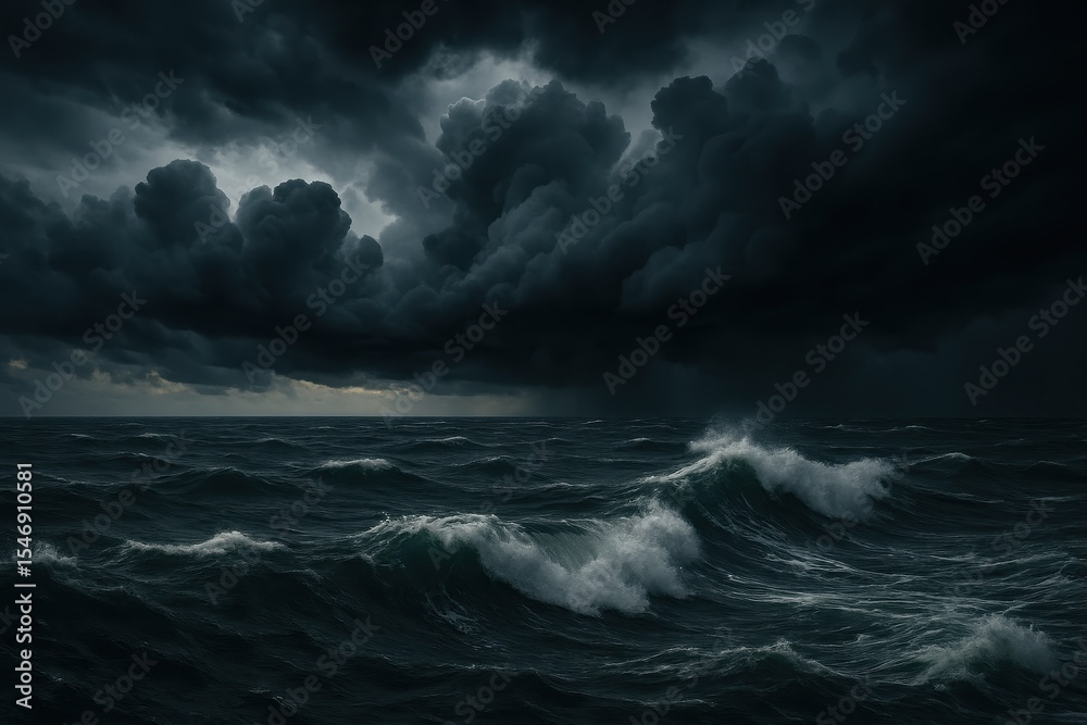 Fototapeta premium Dramatic storm clouds gathering over turbulent ocean waters with powerful waves