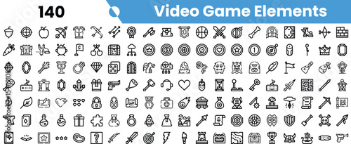 A diverse collection of video game elements featuring various icons, including weapons, items, characters, and symbols.