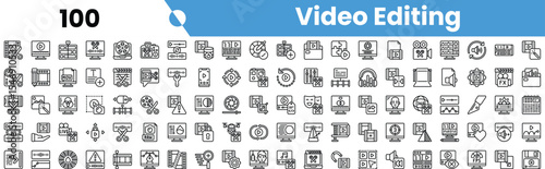 A collection of minimalist video editing icons showcasing various tools and concepts essential for digital media production.