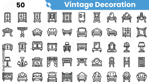 A collection of vintage decoration icons featuring various furniture and decor items in a minimalistic style.