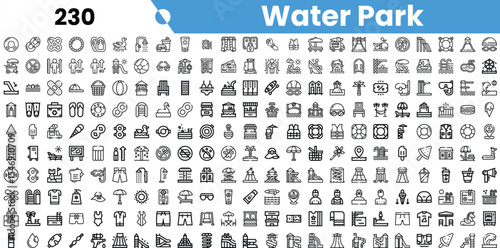 A diverse collection of black and white icons representing various water park activities and attractions.